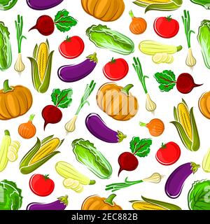 Ripe autumn vegetables seamless pattern background with tomato, onion, corn, eggplant, beet, zucchini, pumpkin and cabbage vegetables. Organic farming Stock Vector