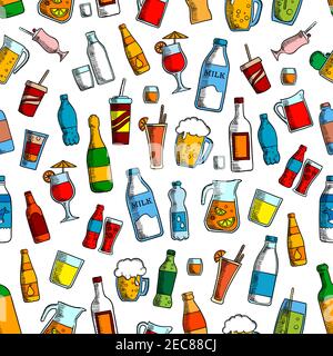 Drinks and bottles seamless background. Wallpaper with vector pattern icon of beer mug, milk bottle, lemonade pitcher, soda coke, cocktail, champagne Stock Vector