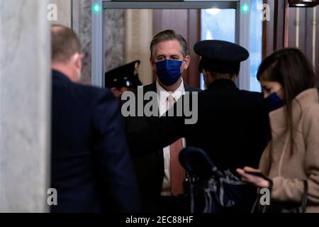 Bruce Castor, defense attorney for Donald Trump, center, goes through security while arriving to the U.S. Capitol in Washington, D.C., U.S., on Saturday, Feb. 13, 2021. The Senate approved 55-45 a request to consider calling witnesses in the second impeachment trial of Donald Trump, a move that may extend the trial that was expected to end within hours. (Photo by Stefani Reynolds/Pool/Sipa USA) Stock Photo