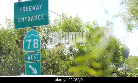 Freeway entrance sign on interchange crossraod in San Diego county, California USA. State Route highway 78 signpost plate. Symbol of road trip, transp Stock Photo