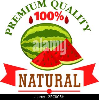 Juicy watermelon fruit symbol framed by red ribbon banner with text Natural. Food packaging or farm market design Stock Vector