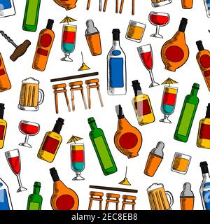 Bar cocktails and alcoholic drinks seamless pattern with wine, beer, whisky, vodka, tequila and liquor bottles and glasses with shaker and bar counter Stock Vector