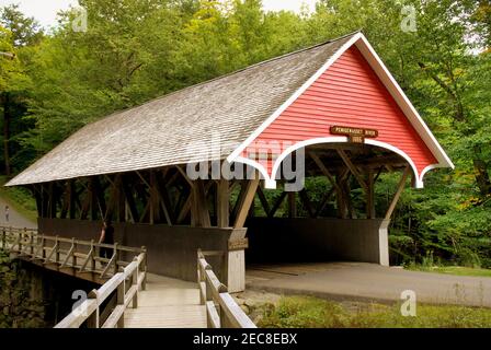 Old wooden covered bridge over the Pemigewasset River in New Hampshire, USA Stock Photo