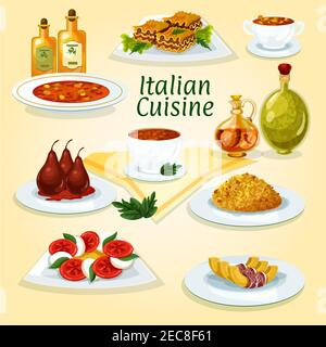 Italian cuisine traditional risotto icon served with lasagna, tomato and mozzarella salad caprese, spicy tomato soup, pasta soup minestrone, pumpkin w Stock Vector