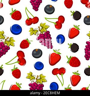 Juicy fruits and berries seamless pattern of strawberry, cherry, purple grape, blueberry, raspberry, blackberry and currant with green leaves. Vegetar Stock Vector