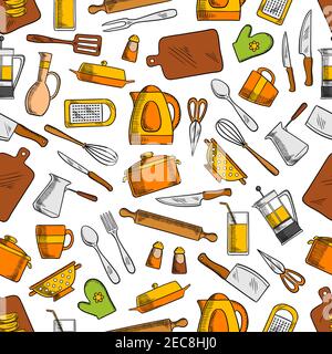 Kitchen utensils and appliances seamless pattern with spoon, knife, fork, pan, cup, glass, spatula, coffee and tea pots, electric kettle, cutting boar Stock Vector