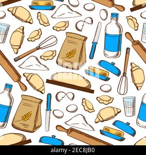 Seamless pattern of home baking croissants and ravioli with dough, flour, milk, egg, butter, knife, rolling pin and whisk on white background Stock Vector