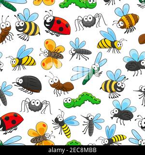 Funny insects seamless pattern background with cartoon bee, butterfly, bug, fly, caterpillar, dragonfly, mosquito, ladybug, wasp, ant spider and bumbl Stock Vector
