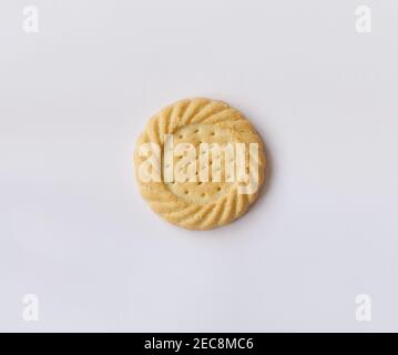 Single sugared shortcake biscuit on white background with copy space Stock Photo