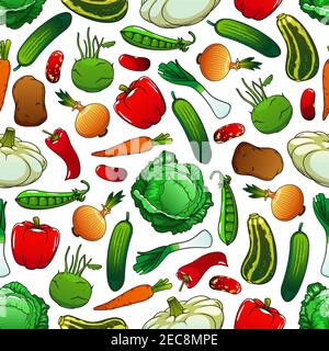 Pattern of fresh vegetables on white background with seamless pepper, onion, cabbage, carrot, bean, potato, cucumber, green pea, zucchini, leek, kohlr Stock Vector