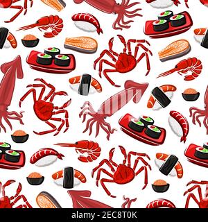 Japanese seafood cuisine seamless pattern with sushi rolls, sushi nigiri with tuna and shrimp, salmon, prawn, crab, squid and red caviar. Seafood back Stock Vector