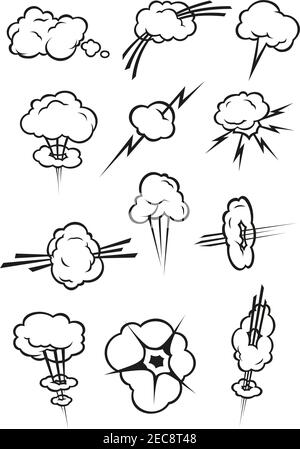 Cloud icons in cartoon comic book style. Isolated cumulus clouds outline in various shapes and forms of smoke puff, steam vapor, fume, explosion, thun Stock Vector