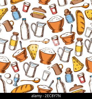 Baking and cooking ingredients seamless pattern with sketched milk, bread, cheese, egg, cream, butter, sugar and flour. Recipe book, bakery shop desig Stock Vector
