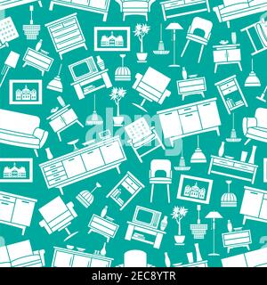 Home furniture seamless pattern with white silhouettes of chair, sofa, armchair, chest of drawer with vases, tv set stand, lamp and house plant on cya Stock Vector