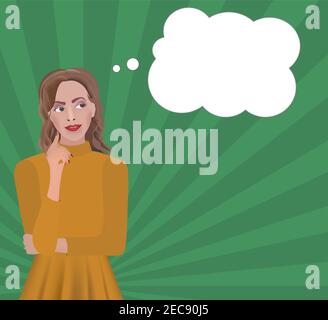 Woman in yellow blouse thinking. vector Stock Vector