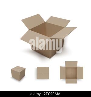 Open isometric box and closed parcel. Realistic carton. Isometric and top view. Vector Stock Vector