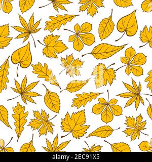 Autumn leaves seamless pattern on white background with yellow fallen leaves of autumnal forest trees. Autumn nature theme or interior design Stock Vector
