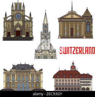 Historic buildings icons of Switzerland. Notre Dame Basilica, St. Pierre Cathedral, Lucerne Town Hall, Zurich Opera House, Bern Minster. Swiss showpla Stock Vector