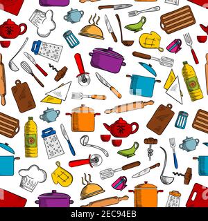 Kitchen tools and utensils seamless pattern with cup, knife, fork, pan, chef hat, spatula, teapot, cutting board, rolling pin, grater, corkscrew ladle Stock Vector