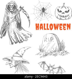 Sketched characters for Halloween celebration decoration. Vector isolated death wih scythe, spider in spiderweb, scary pumpkin with eyes, R.I.P. tomb Stock Vector
