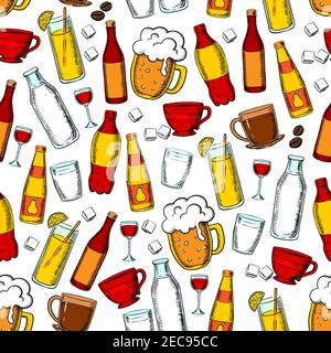 Seamless drinks and beverages pattern with beer, red wine, fruit juice, lemonade, carbonated soft drinks and milk, cups of coffee and tea with sugar c Stock Vector