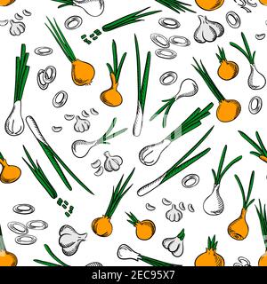 Fresh onion and garlic vegetables seamless pattern on white background with raw onion ring, sliced green leaves, peeled garlic cloves and scallion veg Stock Vector