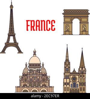 Travel landmarks of France thin line icon with iconic monuments of Eiffel Tower and Triumphal Arch of the Star, roman catholic Basilica of the Sacred Stock Vector