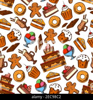 Cakes and desserts seamless pattern on white background with tiered cake, cupcake, muffin and donut with cream, raisin and fruits, coffee cocktail, ch Stock Vector