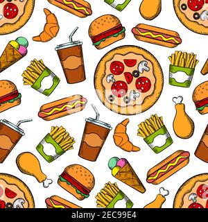 Fast food seamless sketch background. Wallpaper with vector pattern of snacks, drinks and desserts hamburger, pizza, hot dog, ice cream, chicken leg, Stock Vector