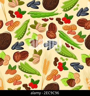 Healthy nut, bean, seed and cereal seamless pattern on beige background with peanut, almond, coffee bean and berry, hazelnut, green pods of pea and be Stock Vector