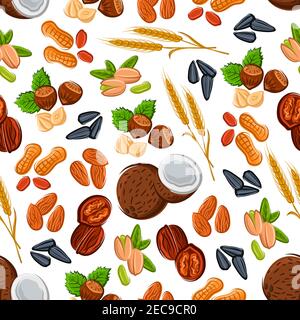 Seamless nuts and cereal pattern on white background with almond, peanut, hazelnut, walnut, pistachio and coconut, sunflower seed and ripe wheat Stock Vector