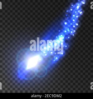 Shooting star or comet with blue glowing trail of shining lights, sparkles and flares. Light effects on transparent background for art design Stock Vector