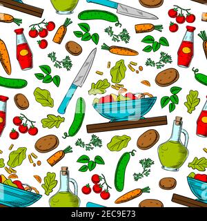 Cooking vegetable salad seamless pattern of fresh tomato, cucumber, carrot, potato, olive oil, spicy herbs and vinegar with knife, bowl and cutting bo Stock Vector