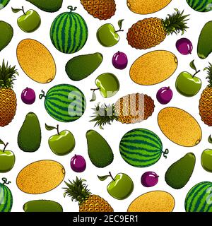 Healthy green apple, avocado, watermelon, violet plum, ripe yellow pineapple and fragrant cantaloupe melon fruits seamless pattern. Organic farming an Stock Vector