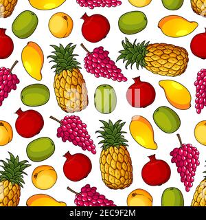 Seamless pattern of tropical pineapple, mango and kiwi, purple grape, peach, pomegranate fruits on white background. Food packaging or exotic cocktail Stock Vector
