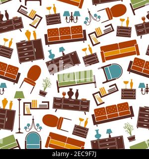 Furniture for living room interior seamless pattern with chair, sofa, armchair, bookshelf, chest of drawer, floor lamp, chandelier, vase and house pla Stock Vector