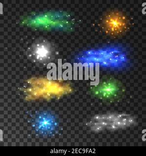 Glittering light particles. Sparkling fireworks lights. Blue, white, golden, green lens flare glitter sparkles on transparent background Stock Vector