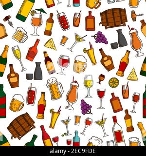 Aperitif drinks, cocktails and appetizers seamless pattern with wine, beer, champagne, whisky, sake, vodka, tequila, lemonade, juice, milkshake with c Stock Vector