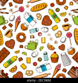 Daily meal seamless background. Wallpaper with pattern of breakfast cookies, biscuits, cakes, coffee, tea, ice cream, cooking utensils and accessories Stock Vector
