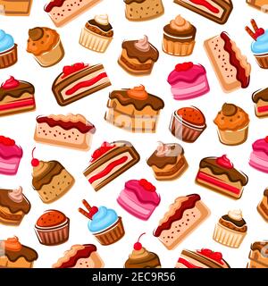 Cupcakes, cakes and muffins seamless background. Patisserie confectionery chocolate cupcakes, biscuit cakes, muffins, whipped cream, strawberry and ch Stock Vector