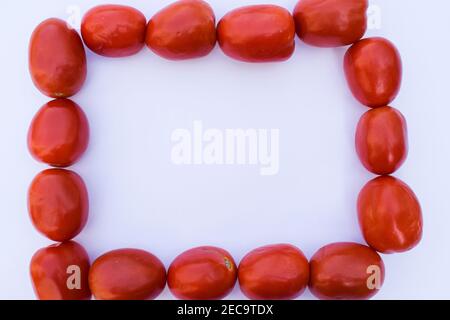 Fresh tomatoes arranged on boundary or border on white background to be used as wallpaper or background and write text or fonts on blank space Stock Photo