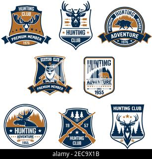 Hunting club icons set. Vector hunt sports emblems and labels with animals, boar, deer, elk, bear, antlers, owl, rifles, arrows, forest. Hunter premiu Stock Vector