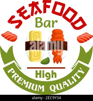 Japanese Seafood bar icon. Sushi and wasabi with green ribbon. Oriental cuisine design for restaurant, eatery and menu. Advertising sticker for door s Stock Vector