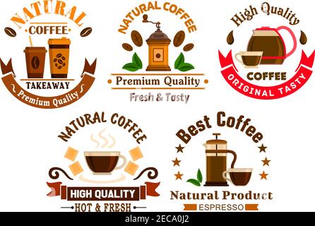 Coffee icons for cafe signboards. Coffee pitcher, coffee maker, mill, tea cup, kettle, french press, white chocolate, stars and ribbons. Template for Stock Vector