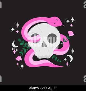 Skull with snake and flowers vector hand drawn illustration. Cool witchy printable design. Isolated on black background. Stock Vector