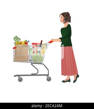 Woman pushing a full shopping cart , vector Stock Vector