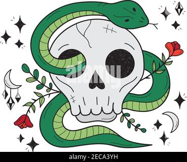Magic skull with snake vector hand drawn illustration. Cool, magical, deadly, witchy, floral printable design. Black lines with red and green colors, Stock Vector
