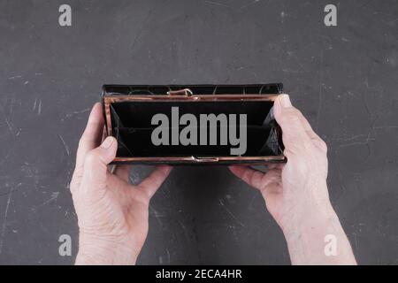 Empty wallet in the hands of a pensioner, a place for your text Stock Photo