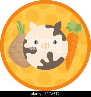 Beef vegetable soup vector illustration icon. Root vegetable and meat broth, stock with dumplings cute round label. Isolated. Stock Vector