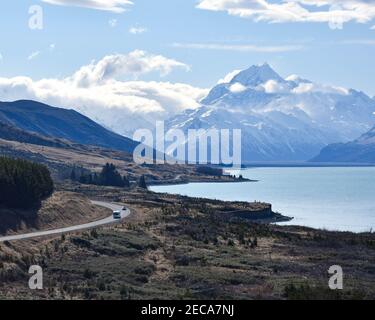 Looking toward Aoraki/Mt Cook from Lake Pukaki, New Zealand. Stock Photo